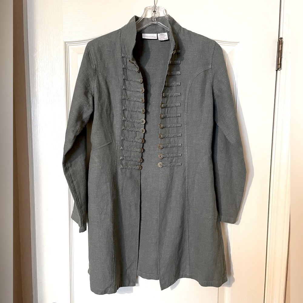 Soft Surroundings Ramie Jacket Sage Green Sheffield Coins Military Longline XS